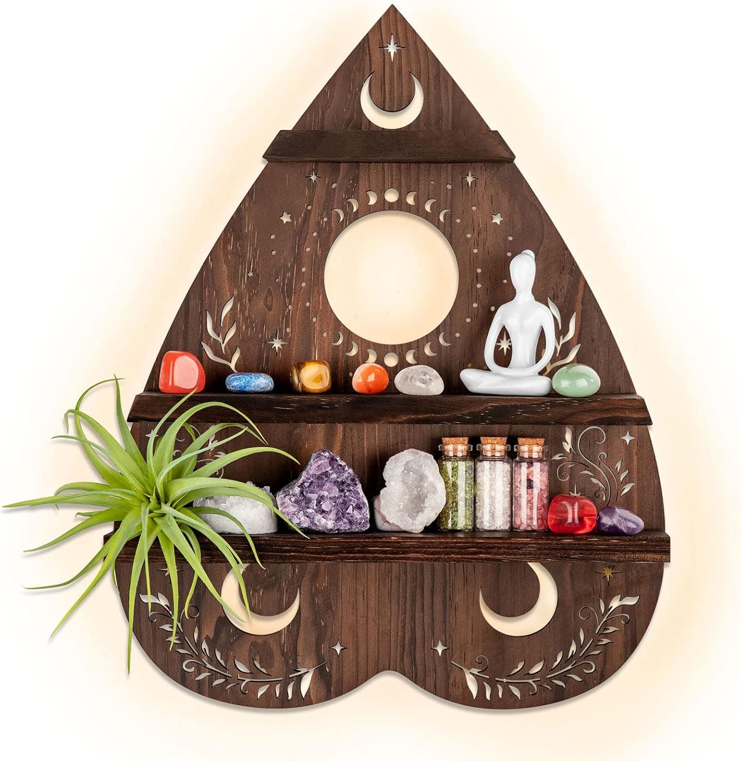 Planchette Crystal Wall Shelf Display for Stone, Ouija Vintage Pagan Crystal Holder Art Decor with Light, Wooden Dark Wiccan Gem Storage for Bohemian Home, Boho Aesthetic Organizer for Wicca Altar