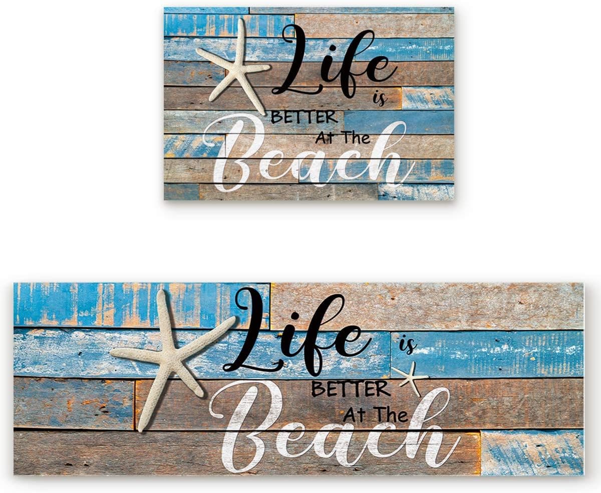 Miaklek Anti Fatigue Kitchen Mat Set of 2 Cushioned Kitchen Floor Mats Kitchen Rugs Non Slip Kitchen Runner Rug Life is Better at The Beach Starfish on Wooden Plank (15.7"x23.6"+15.7"x47.2" inches)