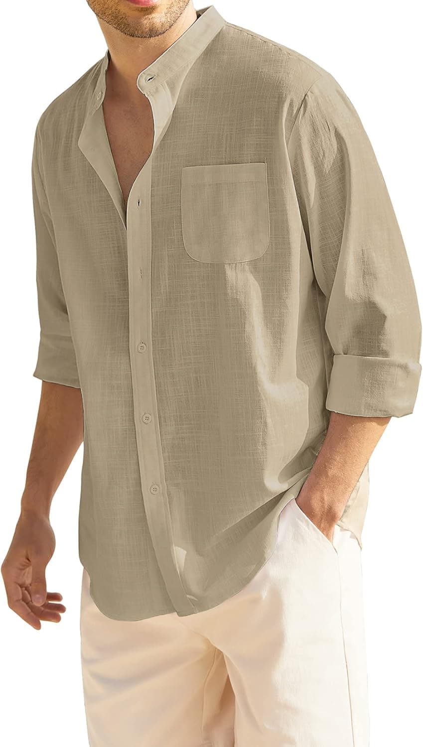 COOFANDY Mens Linen Band Collar Shirts Long Sleeve Beach Shirt Casual Button Up Shirts for Summer (Dark Khaki XXL)