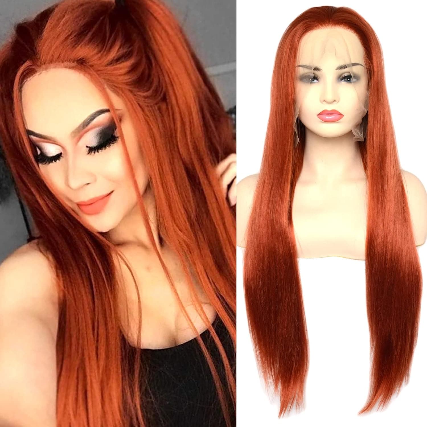 BLUPLE #360 Copper Red Synthetic Lace Front Wigs Long Silk Straight Ginger Red Hair Wig with Free Part High Temperature Fiber for Women Party Show (22 inches, Straight,Copper Red)