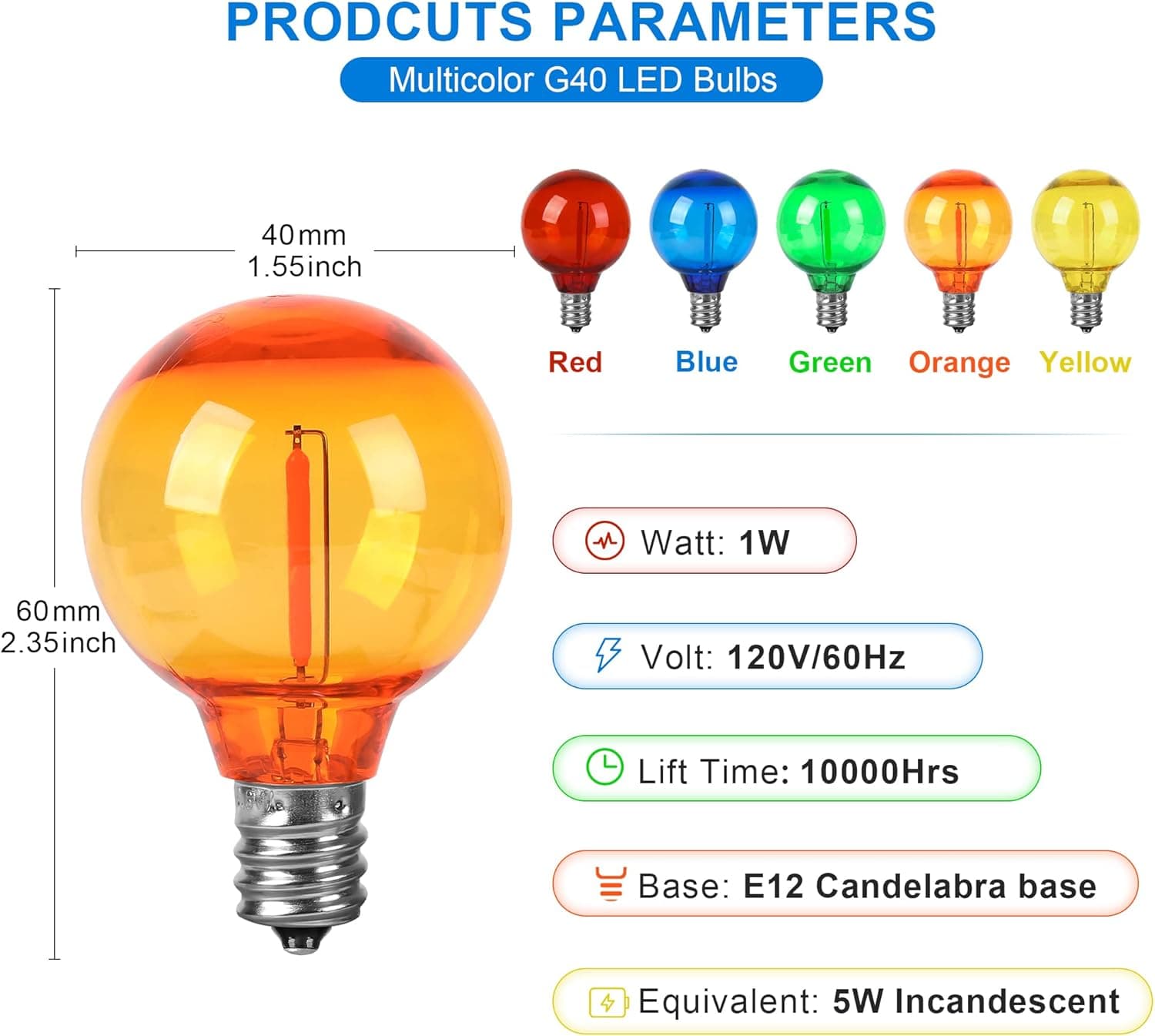 Multi Color G40 Light Bulbs LED for Outdoor String Light 1W Replacement 5W Globe Edison Bulb Shatterproof Christmas Plastic 120V E12 Screw Base RED BLUE GREEN YELLOW ORANGE Bulb In Patio Pack of 25