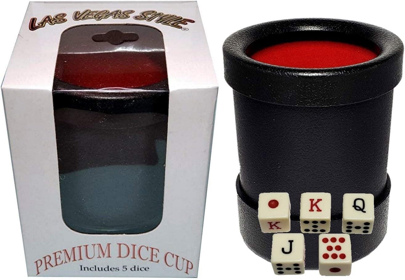 Las Vegas Style Premium Dice Cup (Black/Red) with (5) 16mm Dice (Spanish Poker (Square Corner) - Ivory)