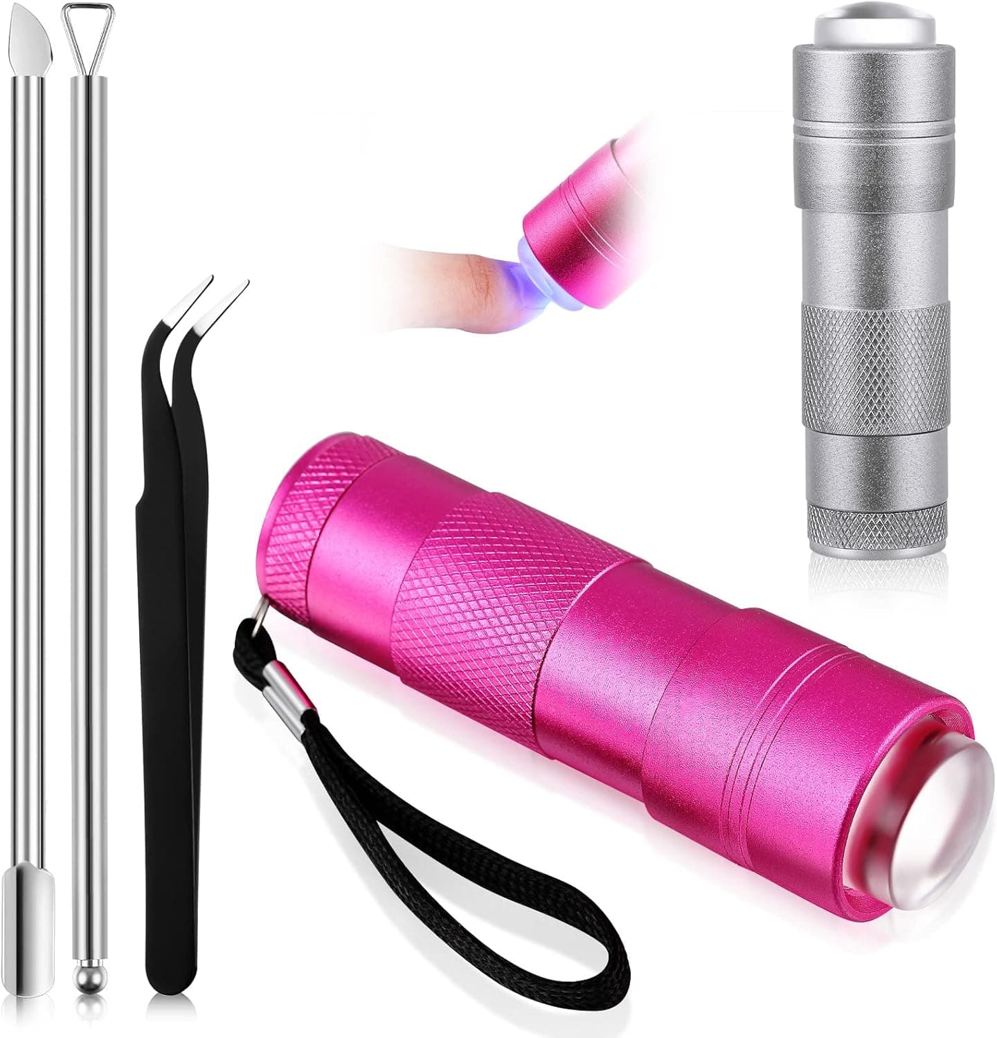 2 Pieces Mini LED Flashlight UV Lamp for Gel Nails Glow Flashlights with 12 LED Lights Portable Light Nail Dryer with Silicone Head and 3 Pieces Stainless Steel Nail Files Manicure Tool Elbow Tweezers