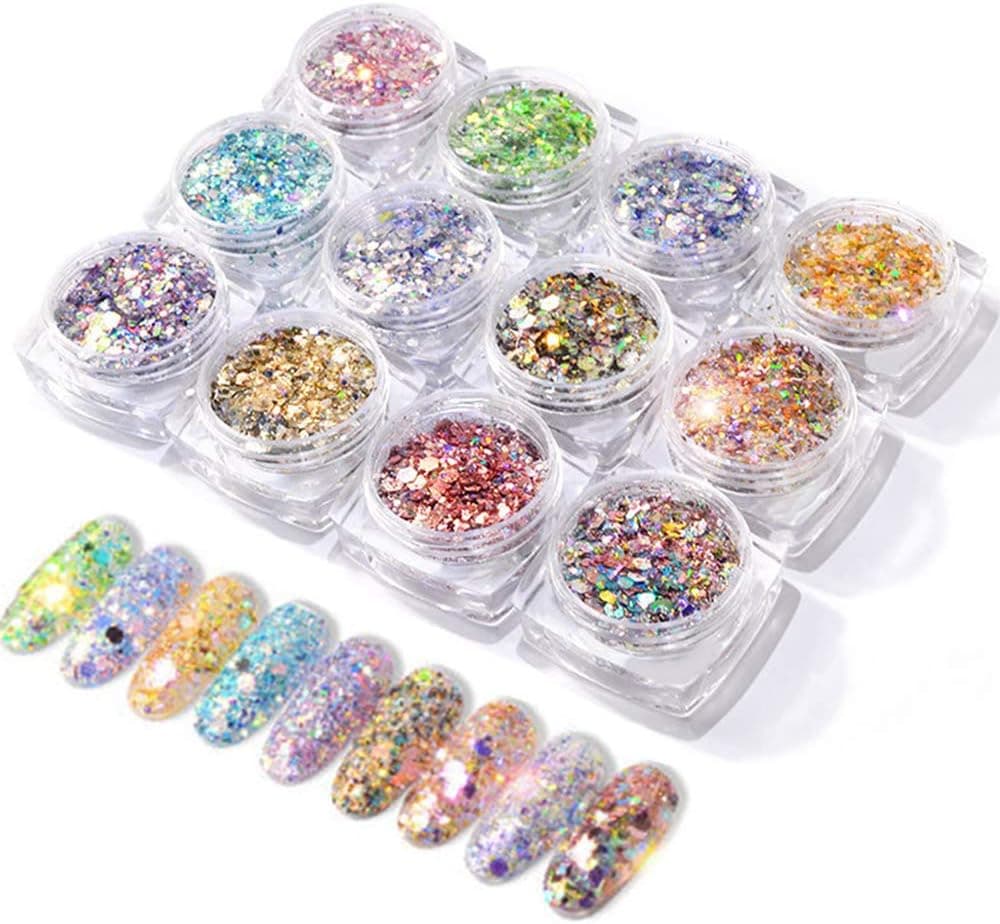 12 Colors Nails Art Supplies Holographic Cosmetic Festival Chunky Glitter Superfine Nails Sequins Mixed Iridescent Paillette Mermaid for Body Face Hair Make Up Nail Art Mixed Color Glitter