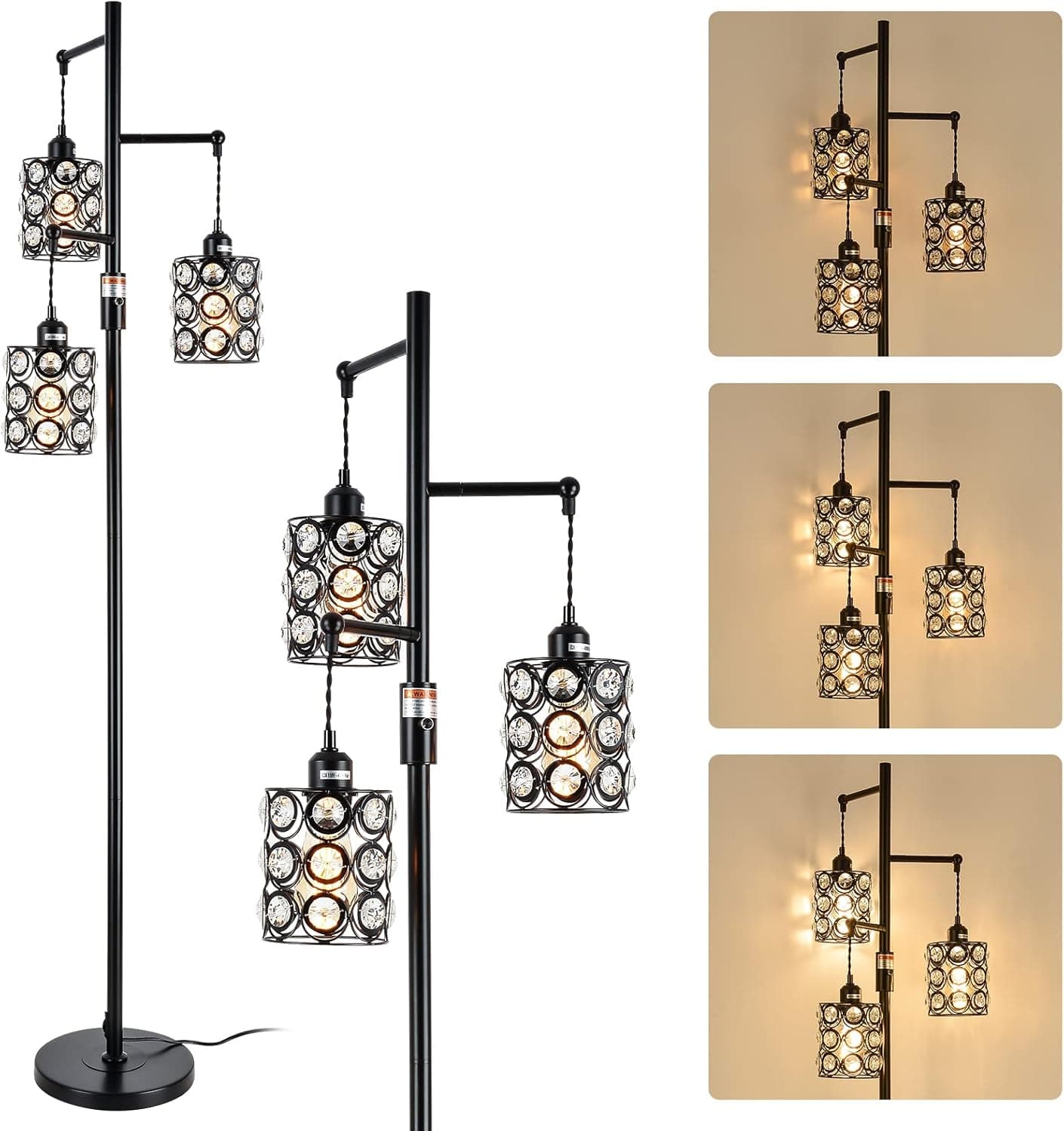 Airposta Industrial Floor Lamp with On/Off Dimmable Switch, 3-Head Rustic Glass Crystal Tall Tree Standing Lamp, 40W Farmhouse Torchiere Floor Lamp Light for Living Room, Reading, Office, Bedroom,Home