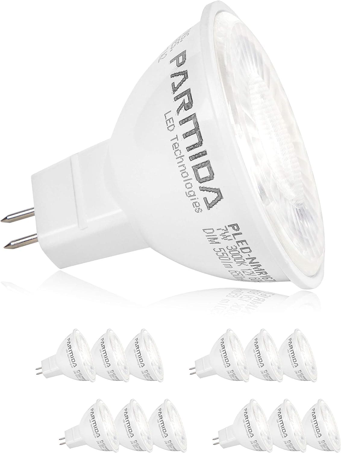 (12 Pack) Parmida LED MR16 Bulb, GU5.3 Base, Dimmable, 7W (50W Equivalent), 3000K (Soft White), 500lm, Spot Light Bulb, UL-Listed, 40° Beam Angle, 12V AC/DC, Track Lighting, Spotlight