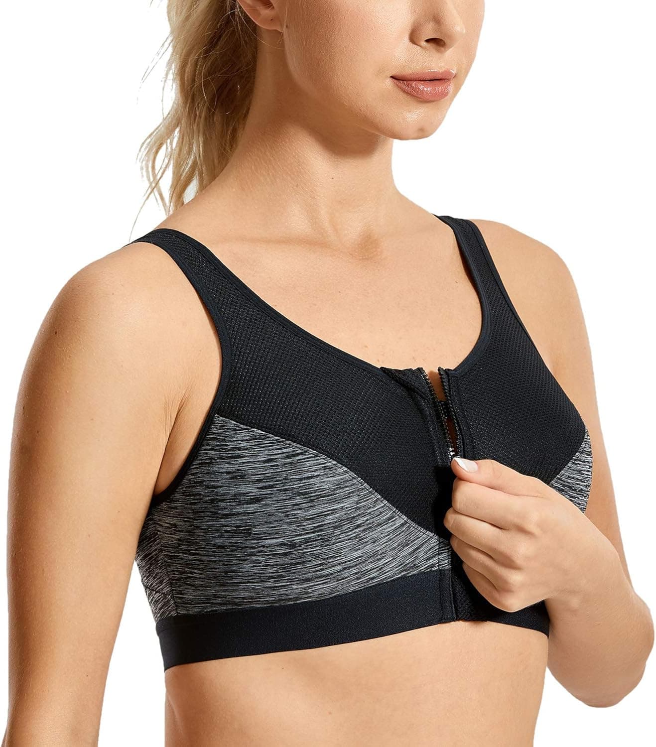 SYROKAN Women's High Impact Wireless Cross Back Support Front Zip Sports Bra