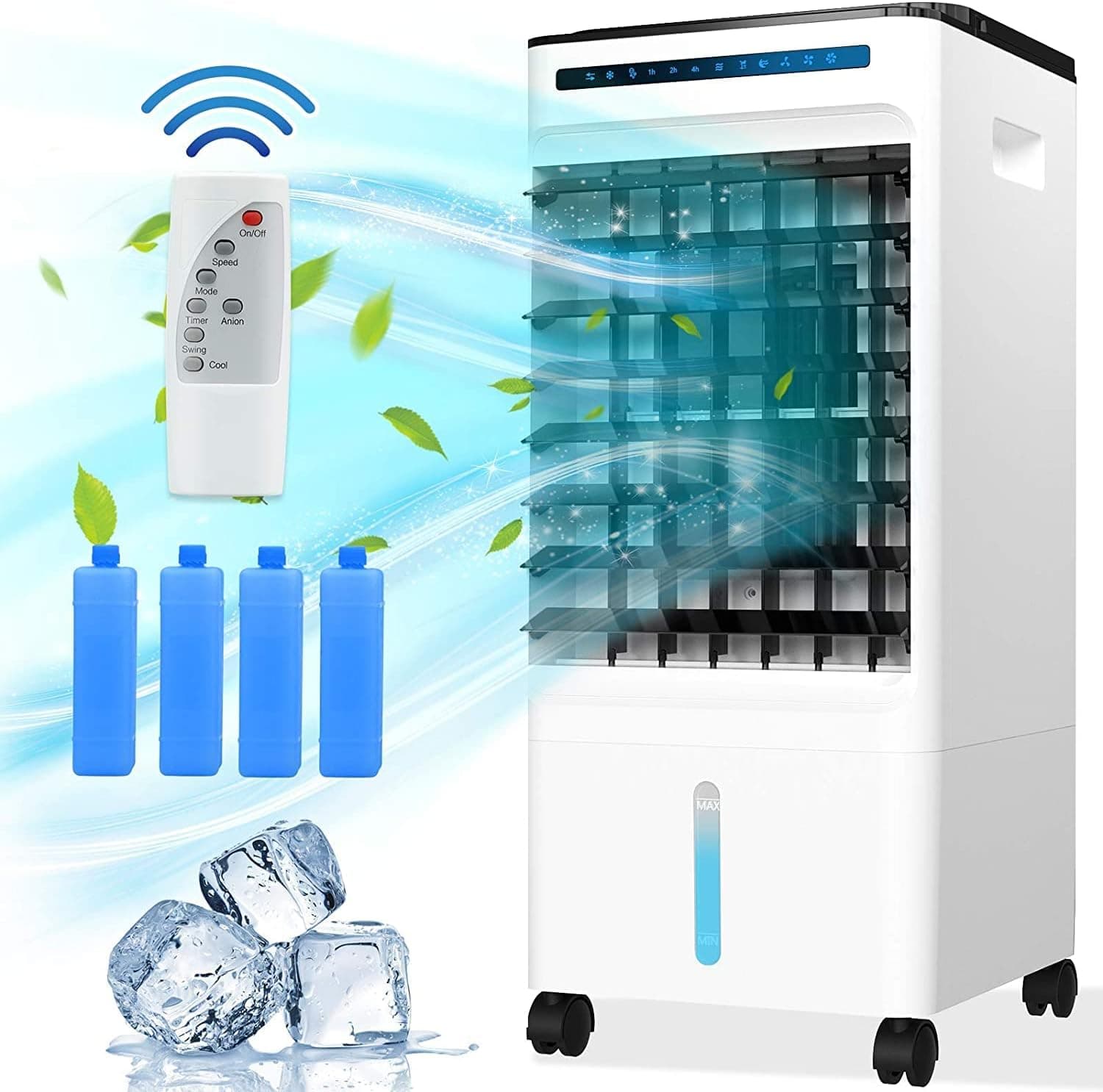 Portable Air Conditioner, 4-IN-1 Evaporative Air Cooler, with 4 Modes 3 Speeds, 1-7H Timer and Negative Ion Function, Portable Air Cooler with 1.35 Gallon Water Tank & 90°Oscillation, Remote Control for Home and Office [Energy Class A++]