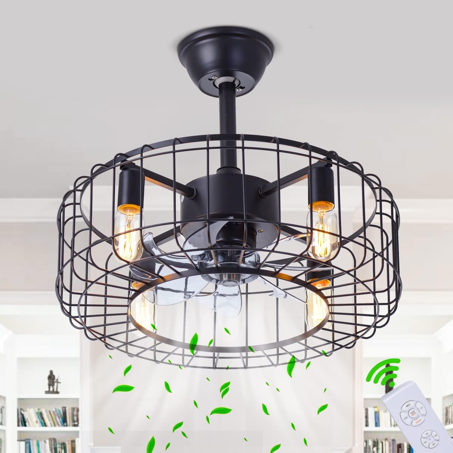 KIANDQU Ceiling Fan with Light Cage 20" Modern Ceiling Fan with Remote Control 4 Light Bladeless Flush Mount Chandelier Fan 3-Speed for Dining Room Bedroom