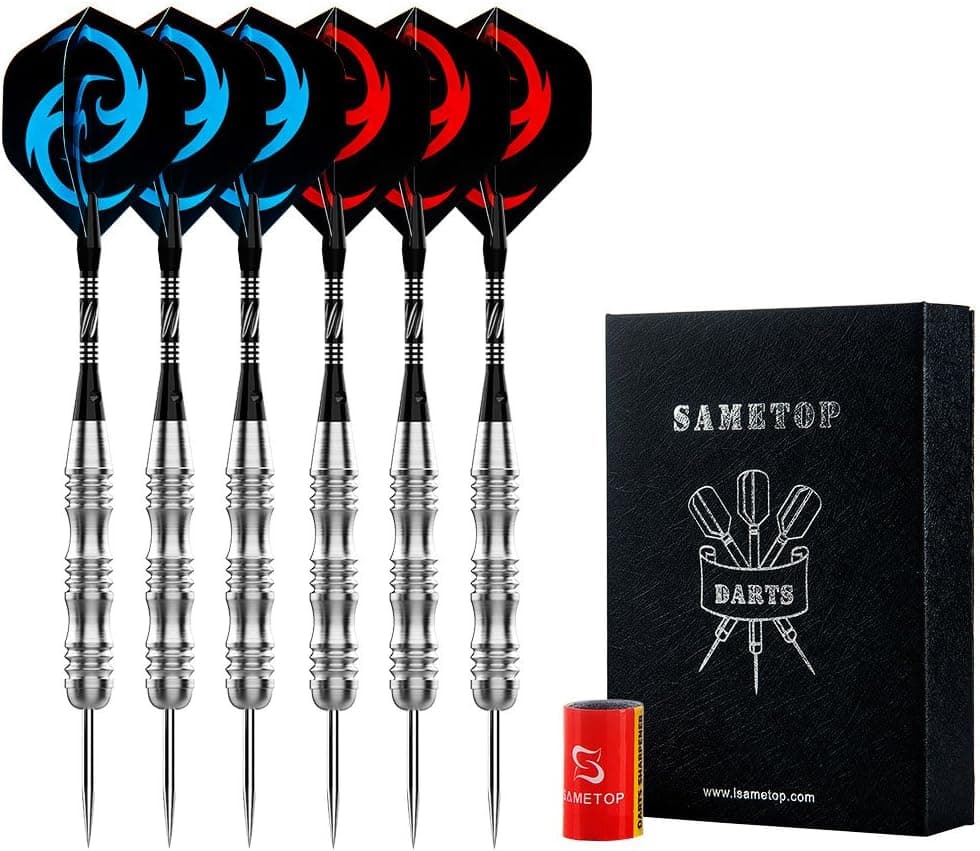 Sametop 6 Packs Professional Steel Tip Darts Set 22 Grams Flights, Aluminum Shafts, Dart Sharpener and Case