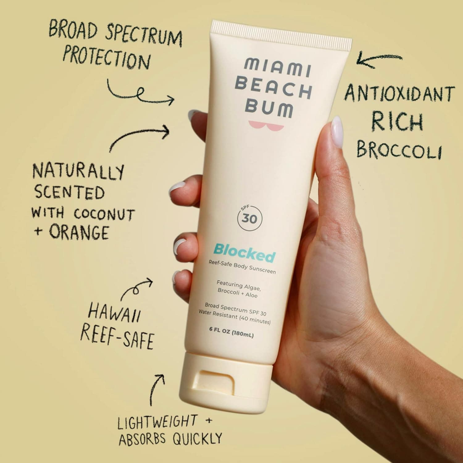 Miami Beach Bum SPF 30 Mini Blocked Mineral Sunscreen Body Cream, Moisturizing Sun Lotion, Promotes Healthy Skin with Coconut, Zinc, Aloe, Vitamins, & Antioxidants, Paraben & Sulfate Free Moisturizer