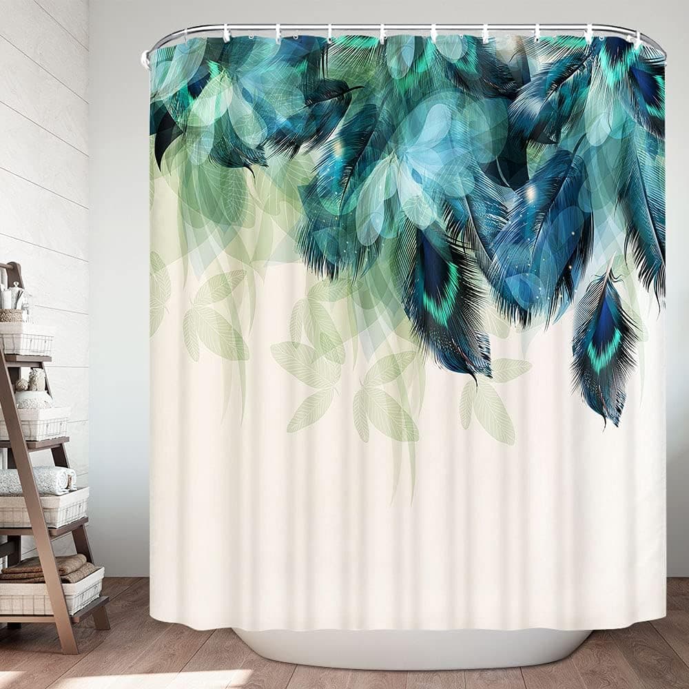Elegant Botanical Shower Curtain Beige and Blue, Boho Bohemian Teal Peacock Feather and Floral Bathroom Decor, Teal Turquoise Fabric Shower Curtain Set with Hooks 69x70 Inch