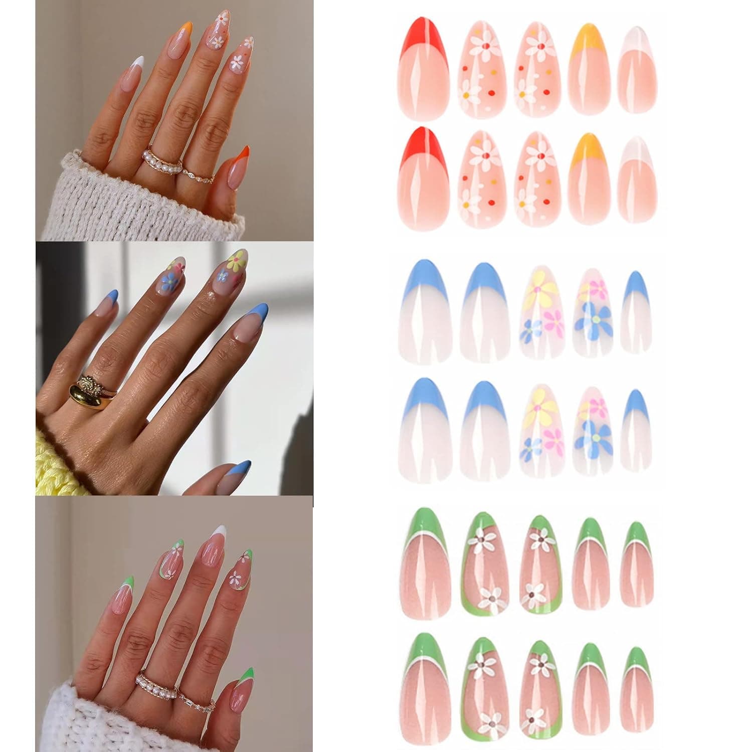 YOSOMK 3Packs (72 Pcs) Florets Press on Nails Medium Length French Almond Fake Nails Natural Glossy Stick on Nails Artificial Summer False Nails Acrylic Nails for Women