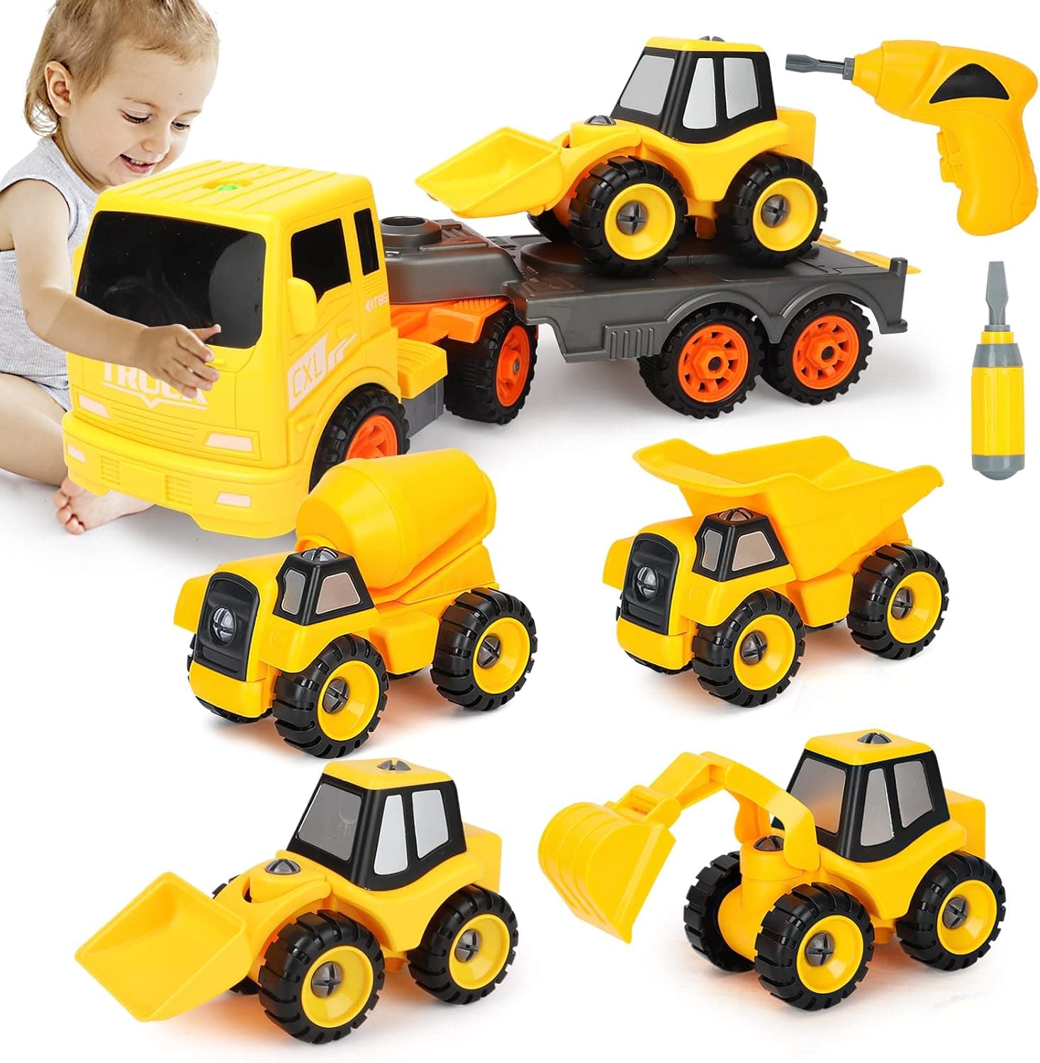 5 in 1 Take Apart Truck Construction Set - DIY Engineering Building Trailer Vehicles PlaySet, STEM Education Learning Toy w/ Electric Drill, Gift Toys for Boys 3 4 5 6 7 Year Olds
