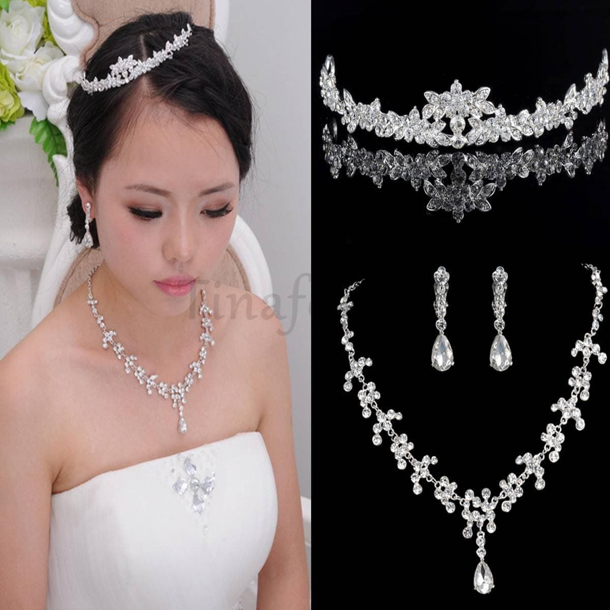 Bridal Wedding Party Jewelry Set Crystal Rhinestone Necklace & Earrings & Tiara by Preciastore
