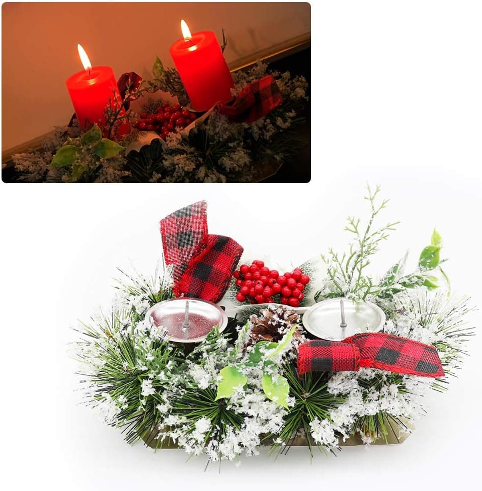 2 in 1 Christmas Candle Holder, Frosted Pine Needles Candle Rings with Candlestick Decorative Red Berries Burlap Bow, Holiday Candlelight Stand for Xmas Dining Room Decoration Display Home Decor