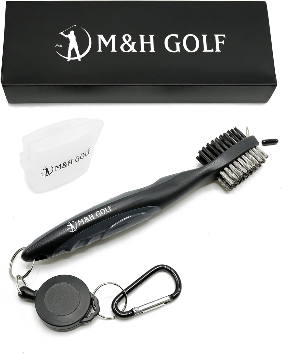 M&H GOLF Premium Golf Club Steel Brush and Groove Cleaner – Golf Bag Accessories with Carabiner and Retractable Cord for Attaching to Bag, Double-Sided Loop and Spike
