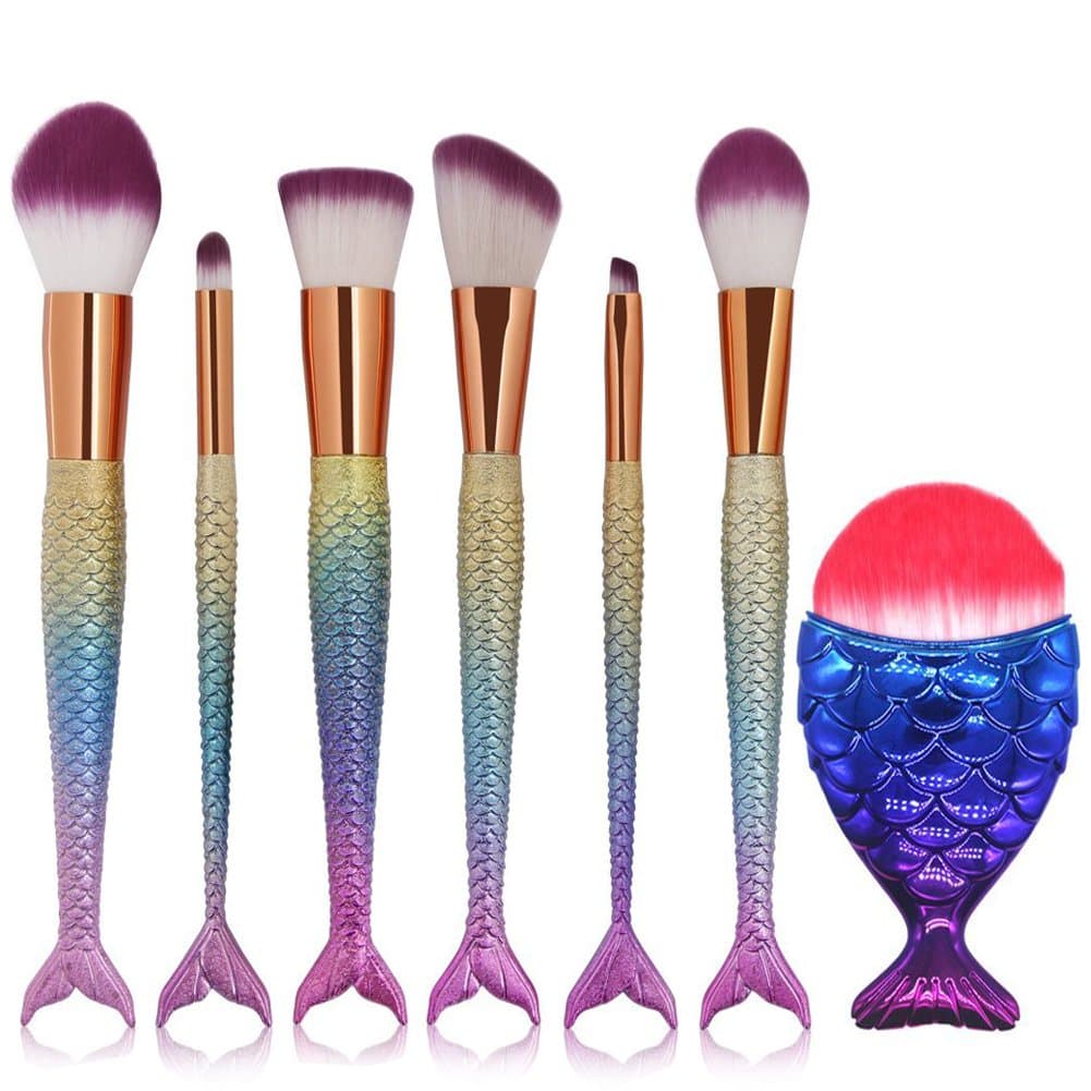 JUN_L 6pcs/set 3D Rainbow Mermaid Makeup Brush Set Beauty Tools Powder Foundation Blush Concealer Eyeliner Eyeshadow Contours Brush +1pcs Professional Fishtail Bottom Blush Brush