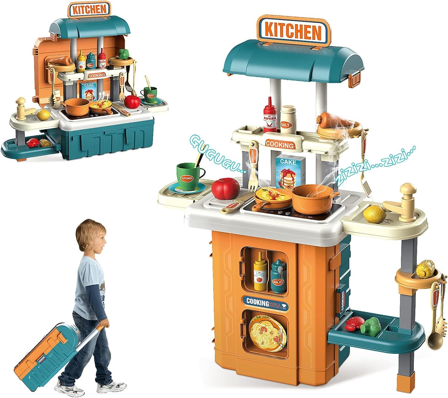 Dlordy Kitchen Playset, 3 in 1 Kitchen Pretend Play Toys Travel Suitcase, 49 PCS Realistic Cooking Accessories, Sounds, Lightnd, Running Water, Great Kitchen Toys for Toddlers Kids (Green)