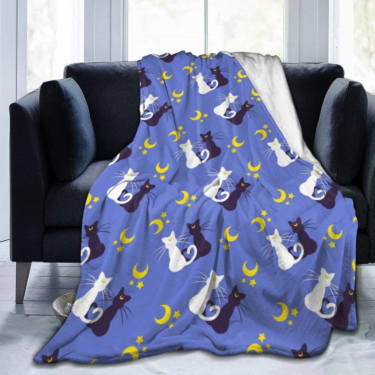 Flannel Fleece Throw Blanket Moon Kitties Reversible Super Soft Plush Blanket for Couch Bed Sofa 60x50 Inch