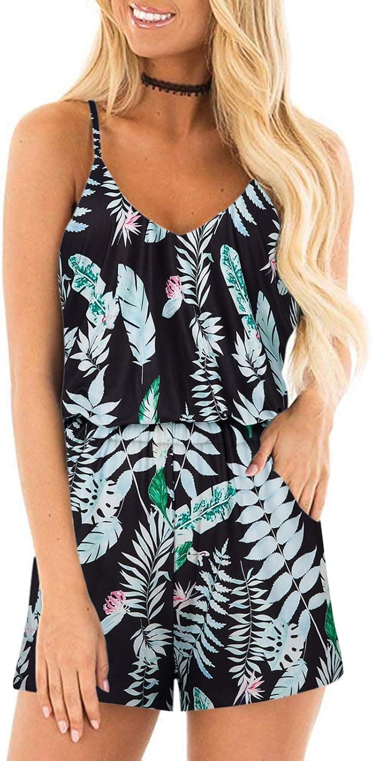 RAISEVERN Womens Romper Summer Casual Short Jumpsuit Adjustable Spaghetti Straps Sleeveless Cami Rompers with Pockets