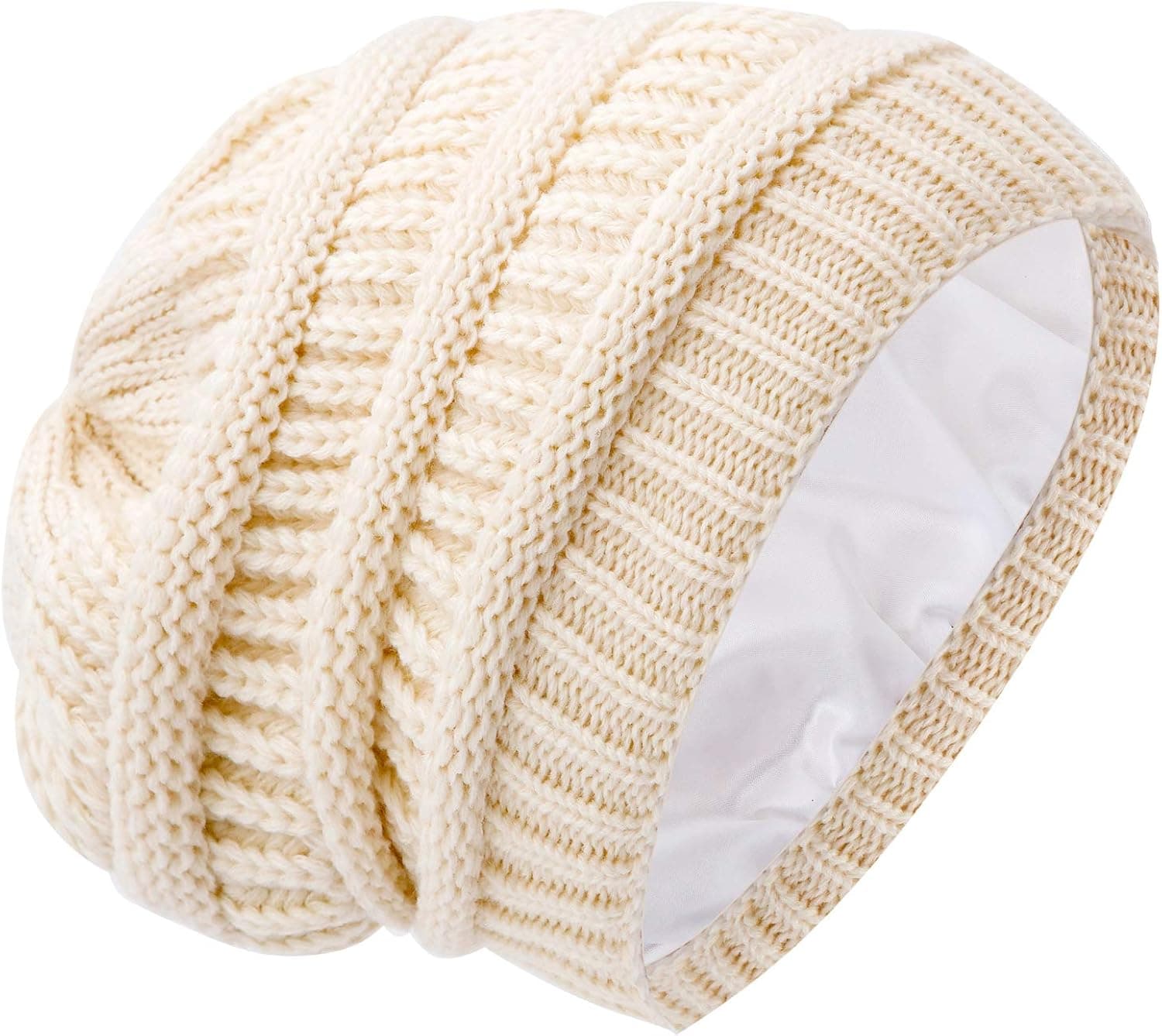 GB Selected Winter Cable Knit Slouch Beanie Satin Lined, Warm and Soft Chunky Baggy Skully Hat Cap for Women