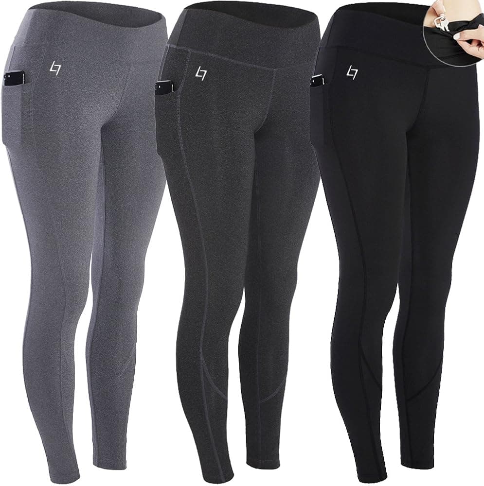 FITTIN Yoga Workout Leggings 3-Pack - Power Flex Pants For Fitness Running Sports 3-pack Pants Black/Charcoal/Grey Large