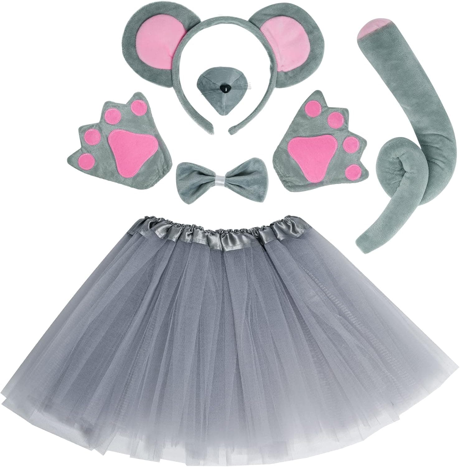 Dxhycc Kids Mouse Costume Mouse Ears Headband Nose Bow Tie Tail Paws Tutu Skirt Animal Fancy Costume Kit Halloween Cosplay Party Accessories