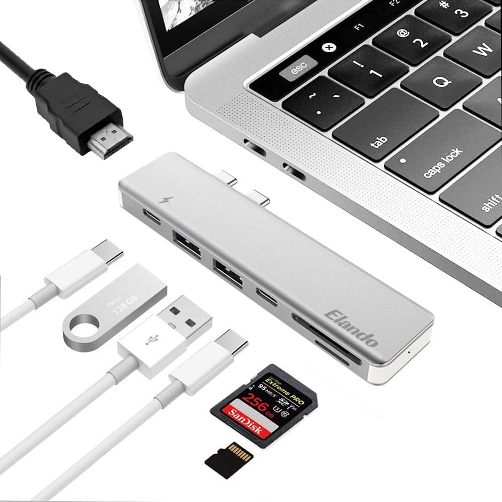 XELandos USB C Hub, Aluminum Type-C Hub Adapter Dongle for MacBook Pro 13" and 15" 2016/2017, 40Gbps Thunderbolt 3, 4K HDMI, USB-C Power Delivery, SD/Micro Card Reader, 2 USB 3.0 Ports, Silver