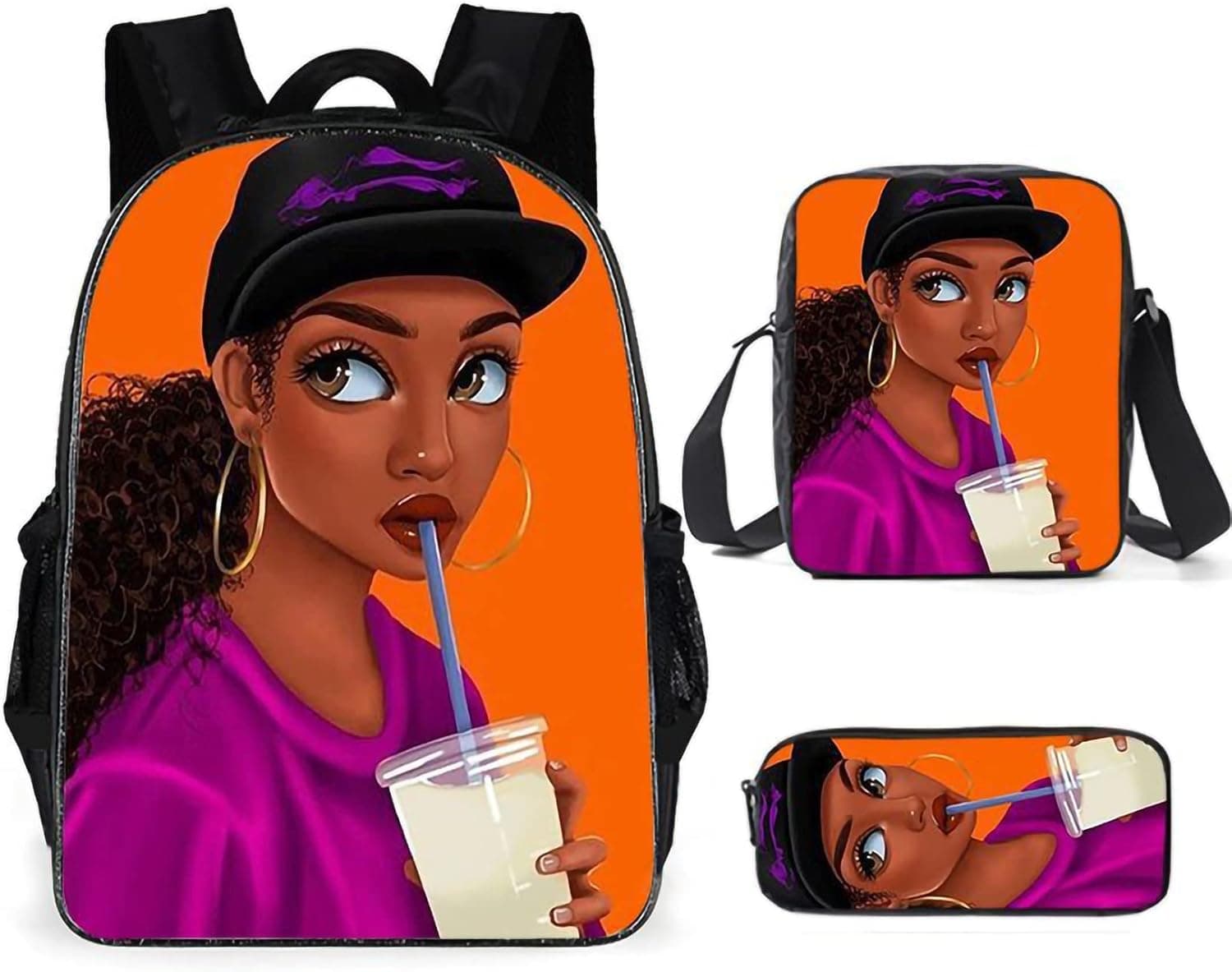 African American Girl Backpack Teens Bookbag Schoolbag With Shoulder Bag Pencil Bag Set For Girls 3pcs Set 3pcs backpack set, 16inch