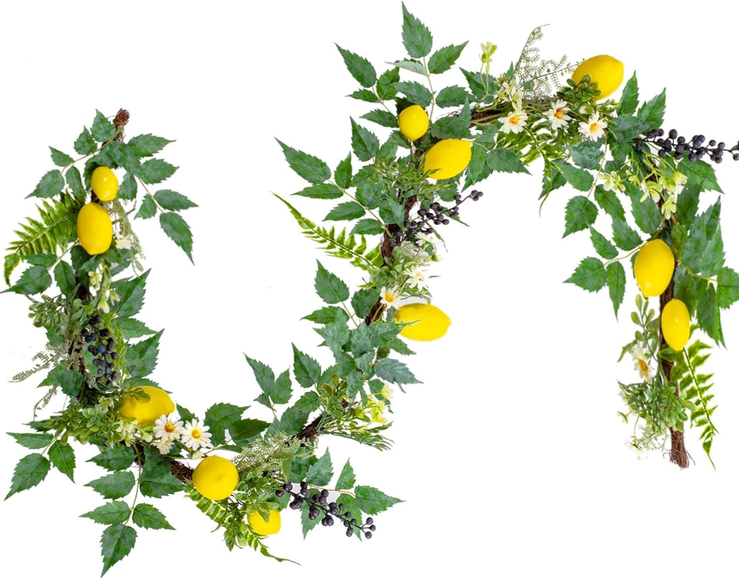 WANNA-CUL 6 Feet/72 Inch Spring Garland with Lemons, Blueberry and Greenery Leaves for Front Door, Wall and Kitchen Decor