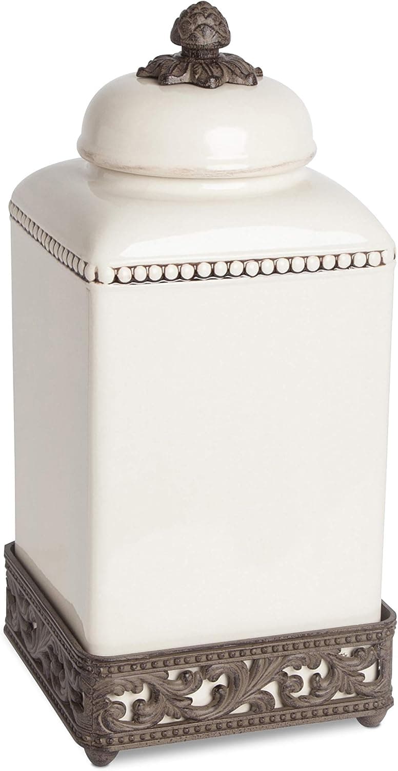 15-Inch Tall Cream Ceramic Canister with Acanthus Leaf Adorned Metal Base