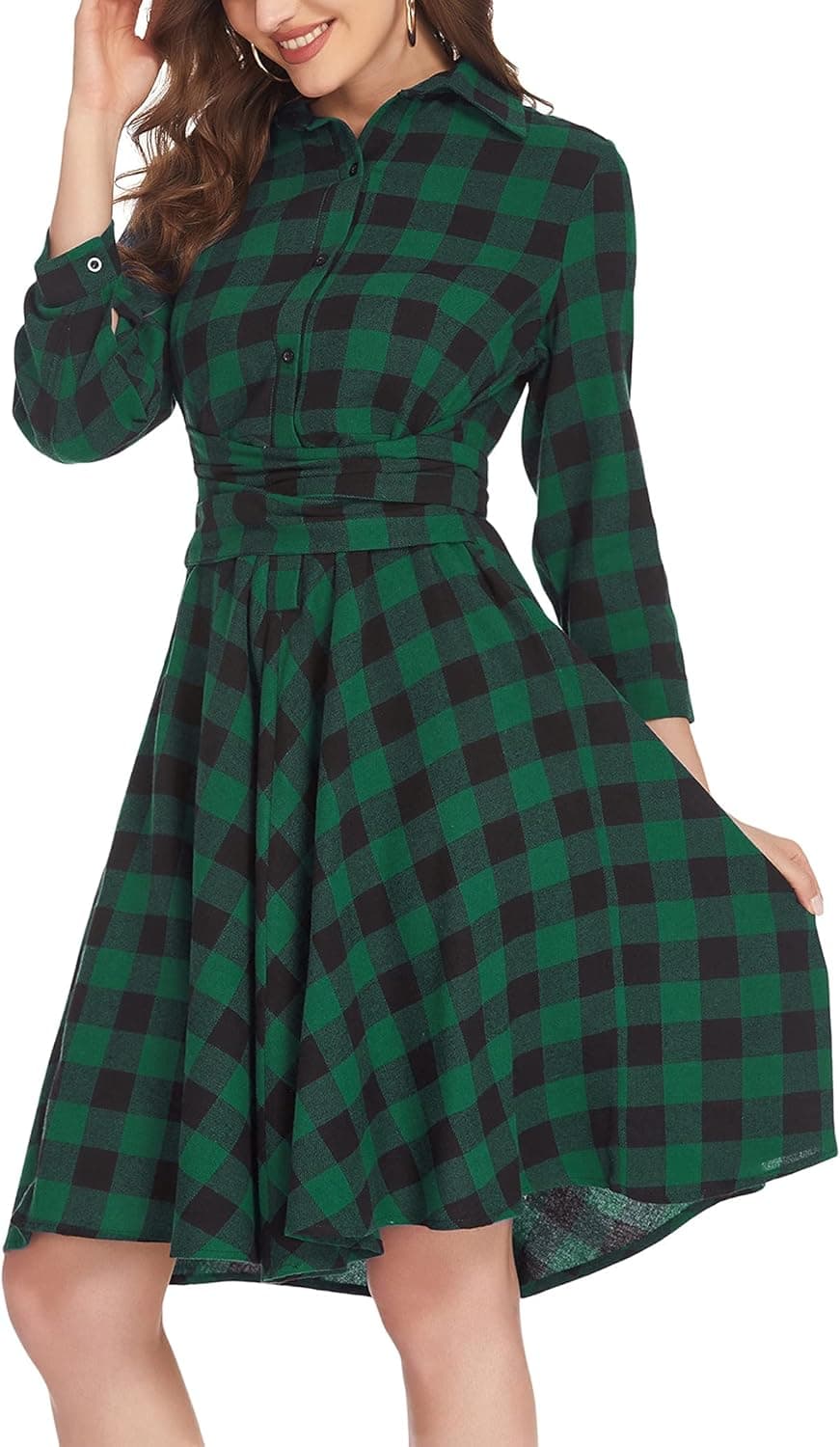 Chigant Women's Plaid Dress Flannel Dress 3/4 Sleeve Button Down Checker Shirt Casual Dress with Belt
