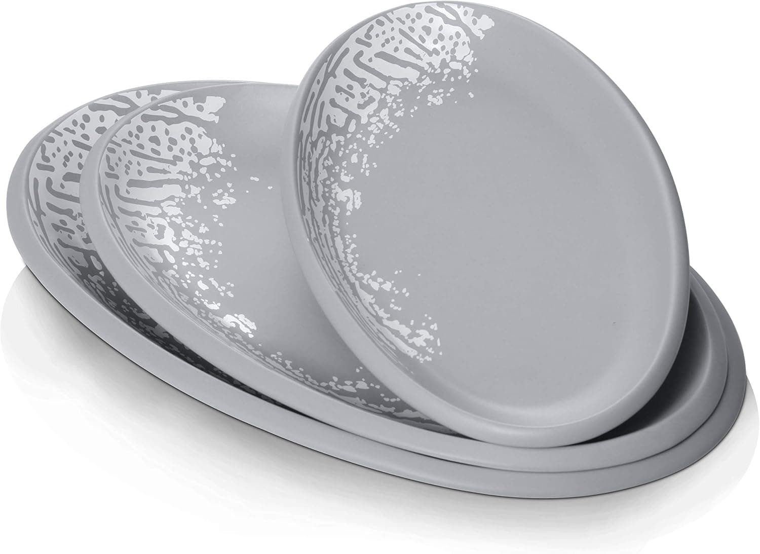 DOWAN Oval Serving Platters, 12/14/16" Large Serving Plates, Porcelain Platters for Party, Meat, Appetizer, Stackable Dinner Plate Set of 3, Microwave Oven Safe, Grey Matte, Print Design