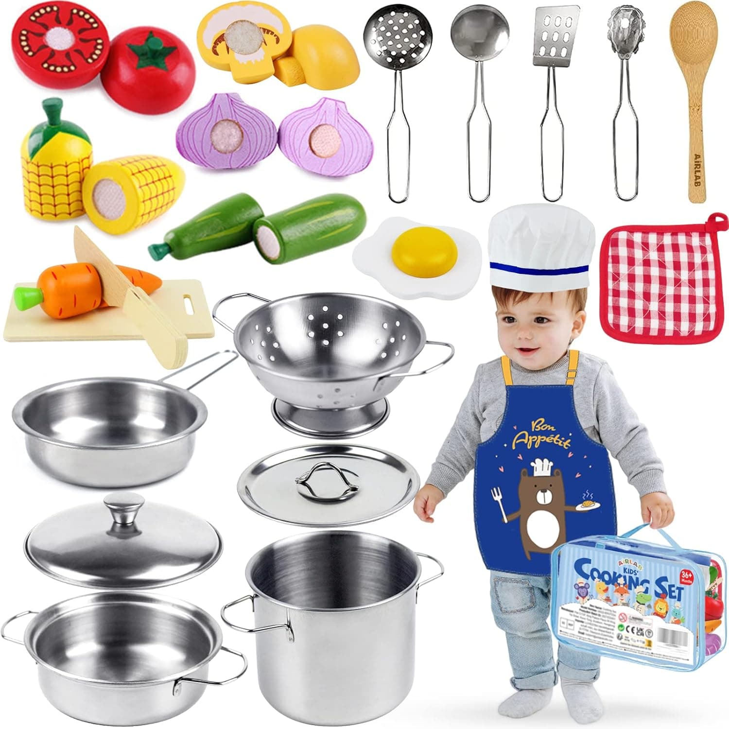 Kids Pots and Pans Playset Play Food Sets for Kids Kitchen Accessories for Toddlers 1-3 Play Food Stainless Steel Wooden Toy Apron, Chef Hat, ​Cutting Fruits for Girls and Boys
