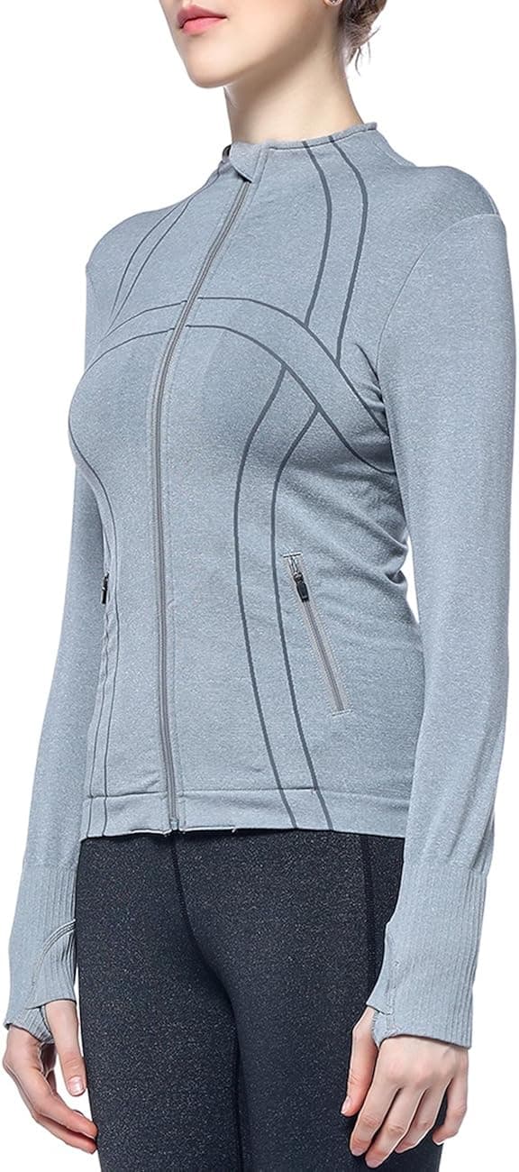 DISBEST Women's Athletic Jackets, Stretchy Performance Full-Zip Workout Yoga Sports Coats with Thumb Holes Light Grey