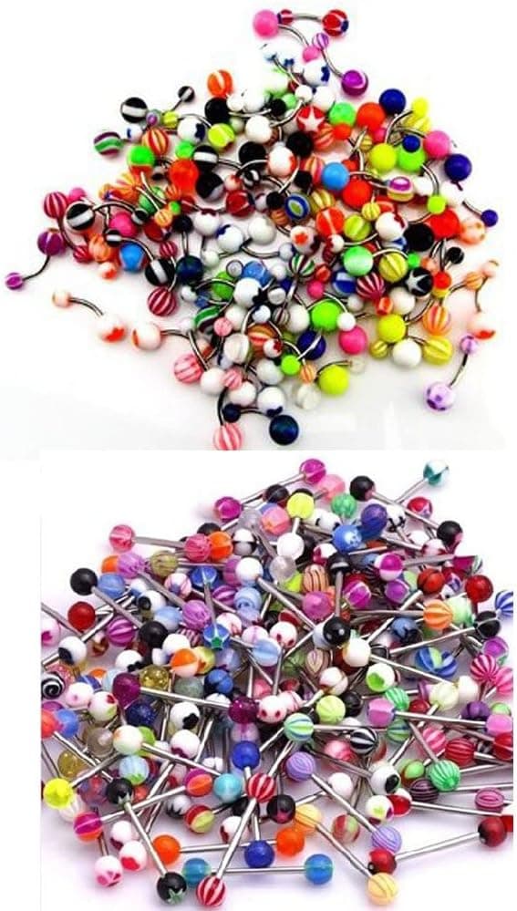 CrazyPiercing 100 Mix Pack 50Pc 14G Belly Button Rings and 50Pc 14G Tongue Ring Barbells Kit
