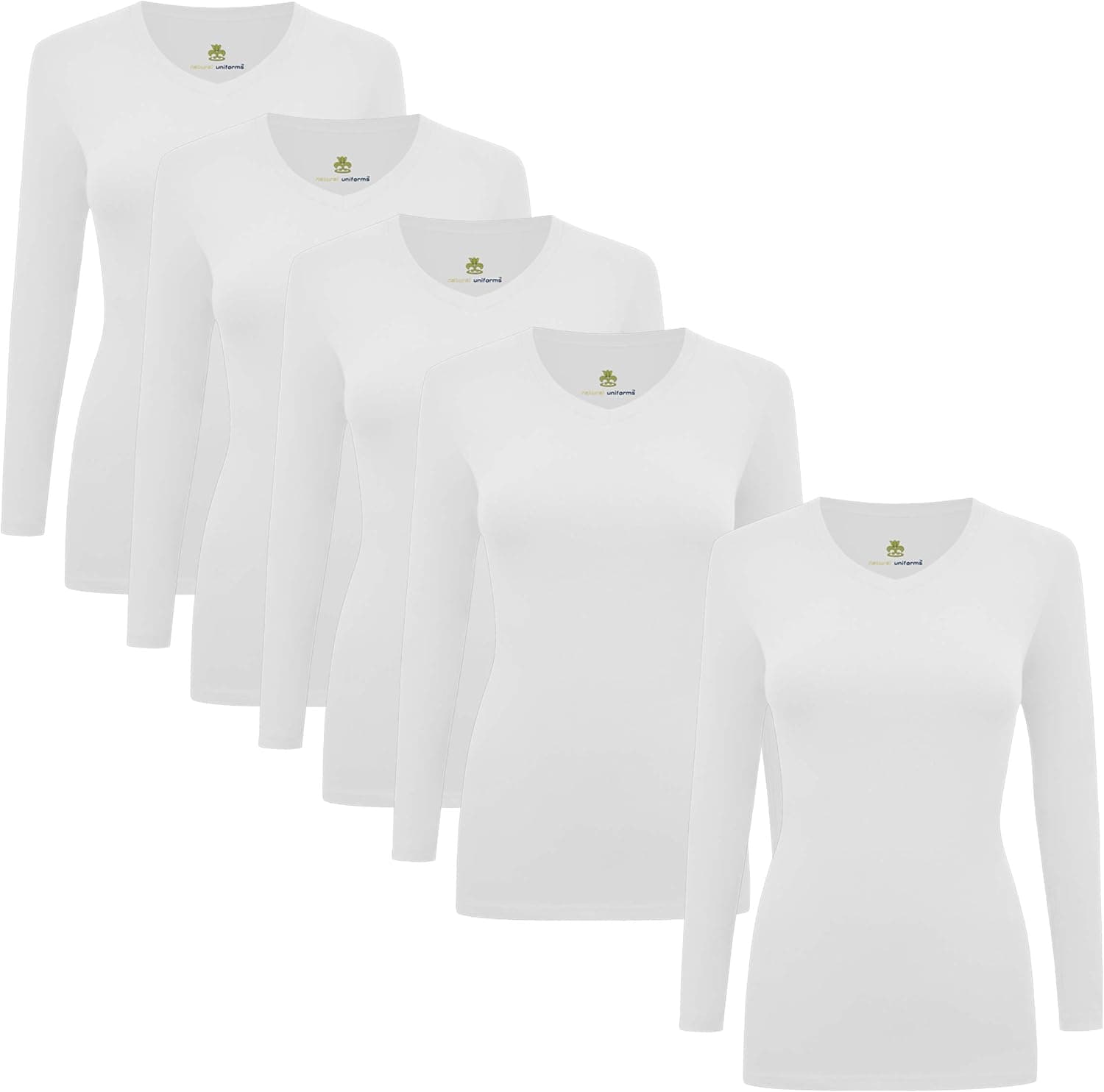 Natural Uniforms Women's V-Neck Long Sleeve Under Scrub Stretch T-Shirt - Multi Pack of 5