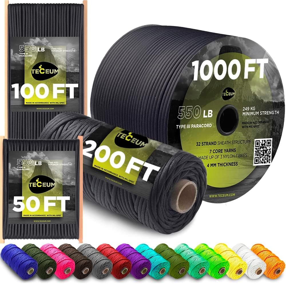 TECEUM Paracord Type III 550 Basalt – 100 ft – 4mm – Tactical Rope MIL-SPEC – Outdoor para Cord – Camping Hiking Fishing Gear – EDC Parachute Cord –Strong Survival Rope 409 N