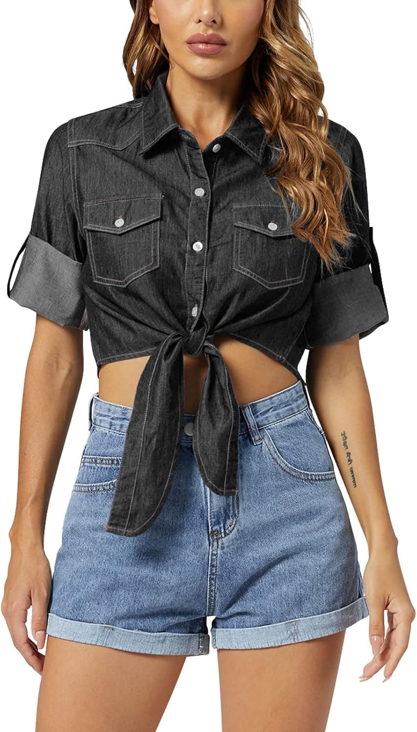 Women's Tie Front Chambray Shirts Roll Up 3/4 Sleeve Button Down Crop Denim Tops 1 Black XL
