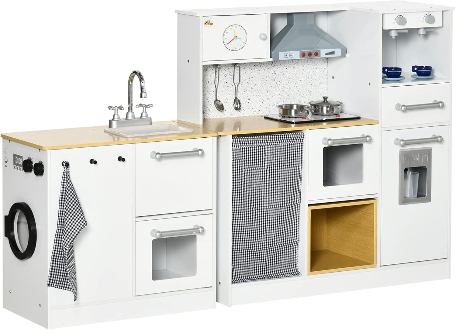Qaba Kids Wooden Kitchen Playset with Sound Effects and Tons of Countertop Space, Wooden Corner Play Kitchen Set with Washing Machine, Imaginative Toy Pretend Restaurant, Ages 3-6, White