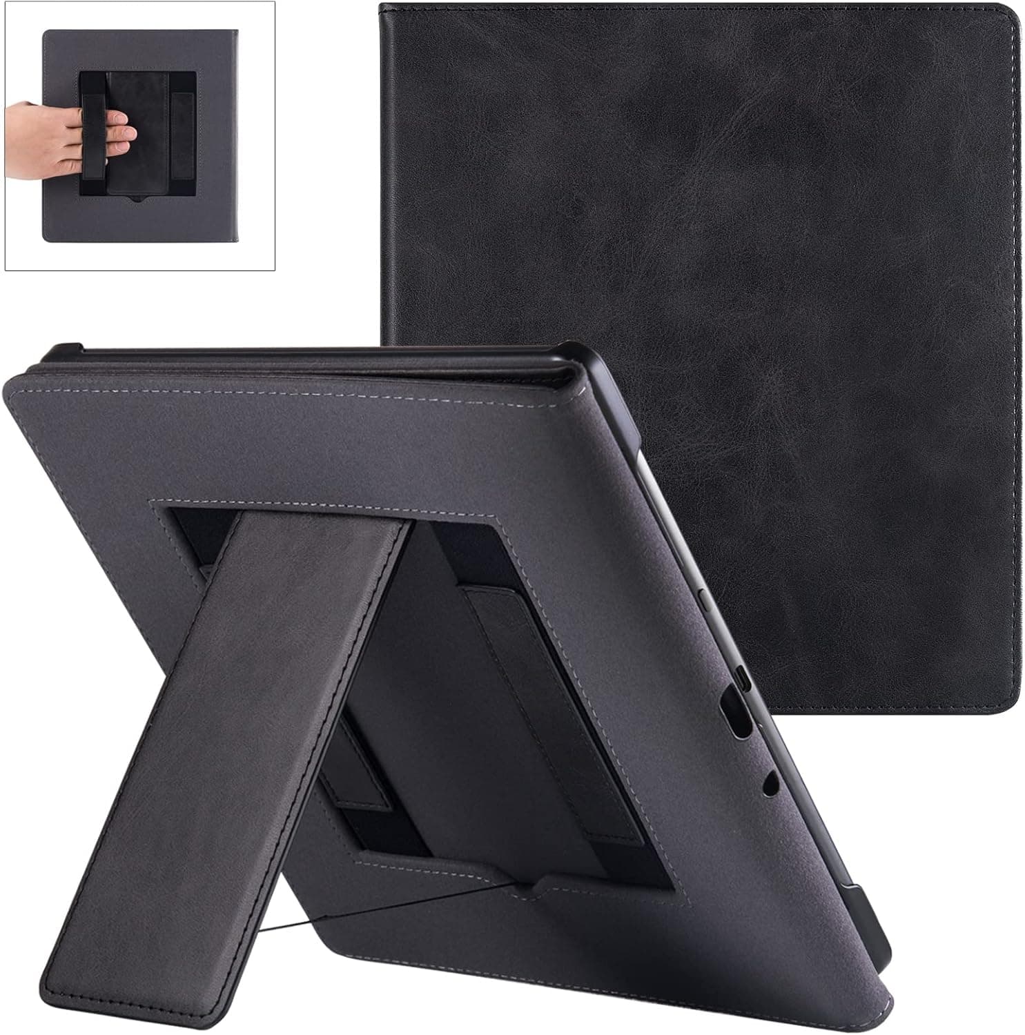 BOZHUORUI Stand Case for Kindle Scribe (10.2 inch 2022 Release) - [Built in Pen Holder] Premium PU Leather Bookcover with Double Hand Strap and Auto Sleep/Wake (Rock Black)