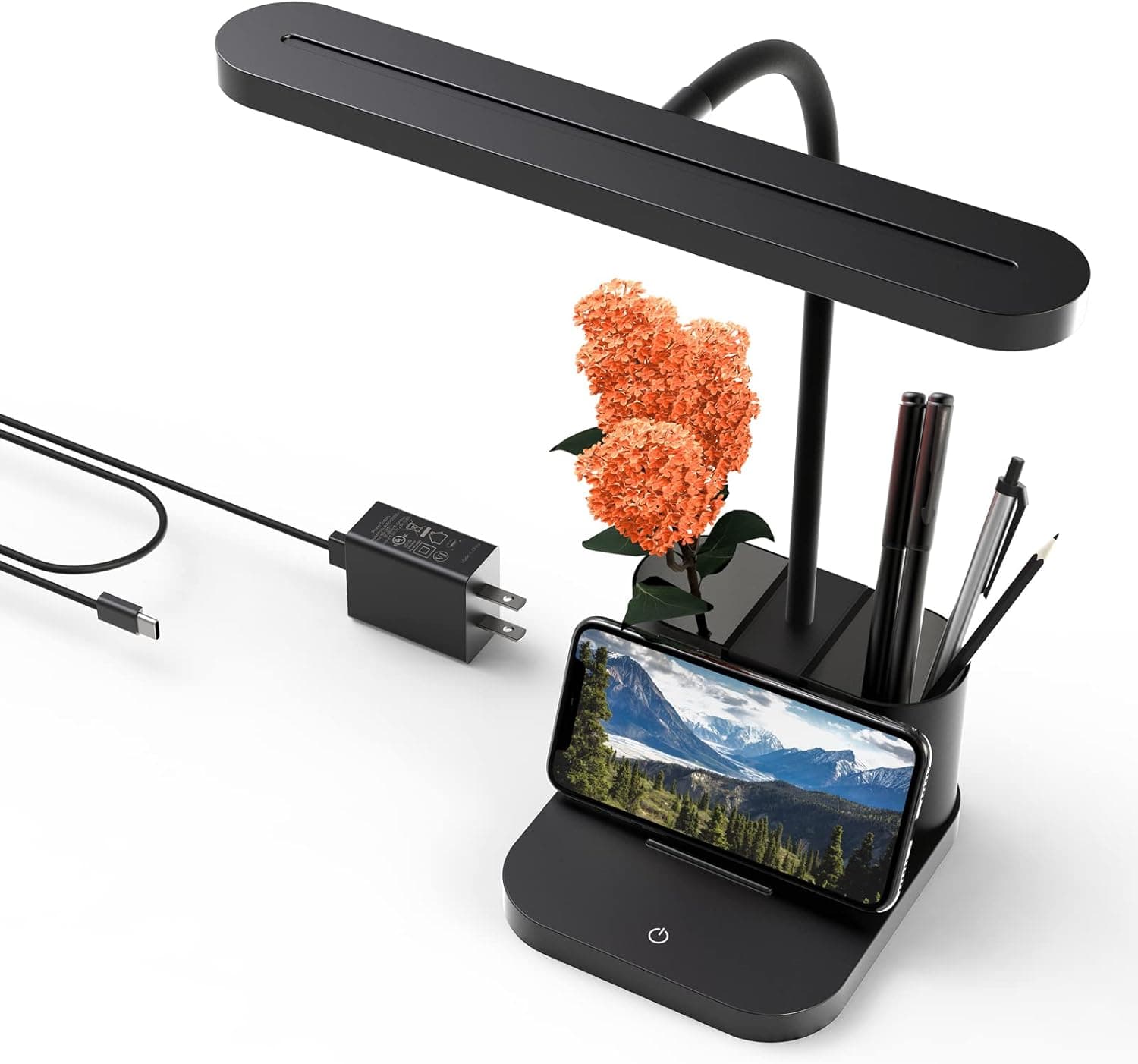 AXX Black Small Desk Lamp, Gooseneck Desk Lamps for Home Office, Kids Study Lamp for College Dorm Room, Desktop Lamp for Bedrooms, LED, 4000K, 800LM, Pen Holder, Touch Desk Light for Small Spaces