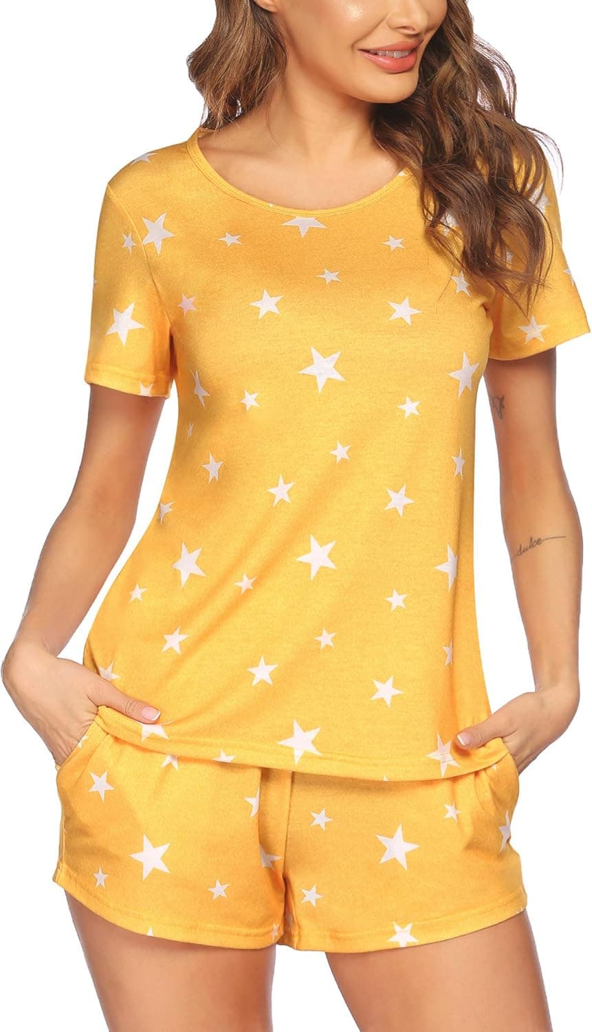 Ekouaer Womens Pajama Set Long Sleeve Sleepwear Star Print Cotton Nightwear Soft Pjs Lounge Sets with Pockets (Yellow White Star,XX-Large)