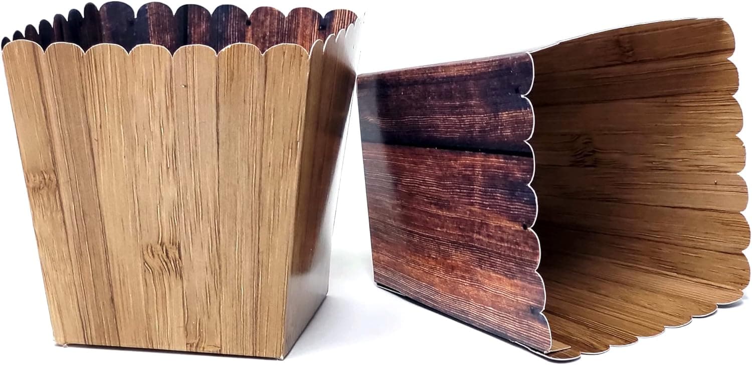 Woodgrain Party Favor Snack Boxes for Rustic Weddings, Western Cowboy/Cowgirl Birthday Parties, Lumberjack, Woodland, Outdoors Baby or Bridal Showers. Set of 12 Reversible Woodsy Popcorn Boxes
