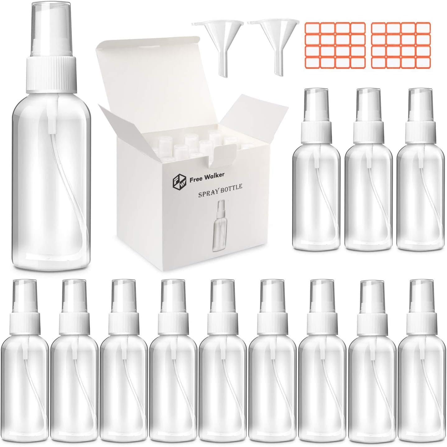 Free Walker 12Pack Spray Bottle 2oz/60ml with 2 Mini Filling Funnels,Small Reusable Portable Empty Plastic Bottles with Atomizer Pumps for Daily and Travel