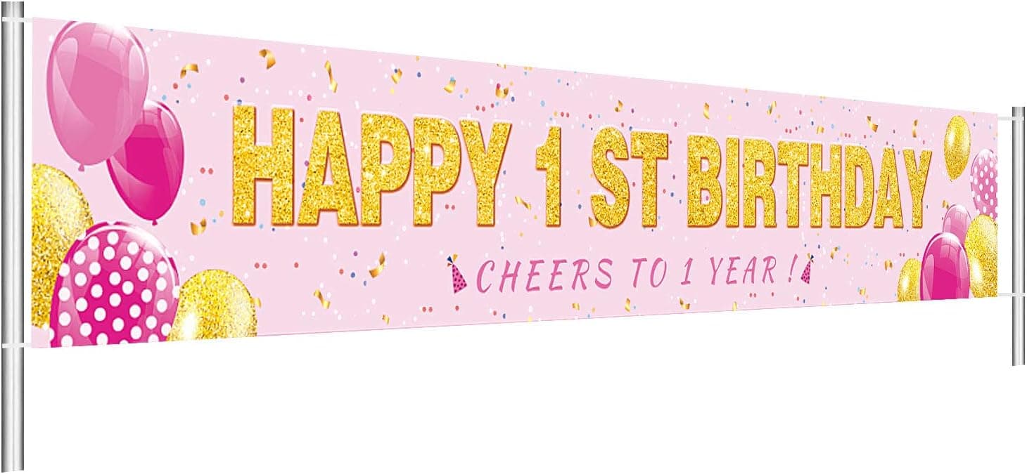 Tatuo Large Happy 1st Birthday Banner Baby Girls First Birthday Banner Pink and Gold One Birthday Prop Party Decoration for 1st Birthday Party Decoration 9.8 x 1.6 Feet