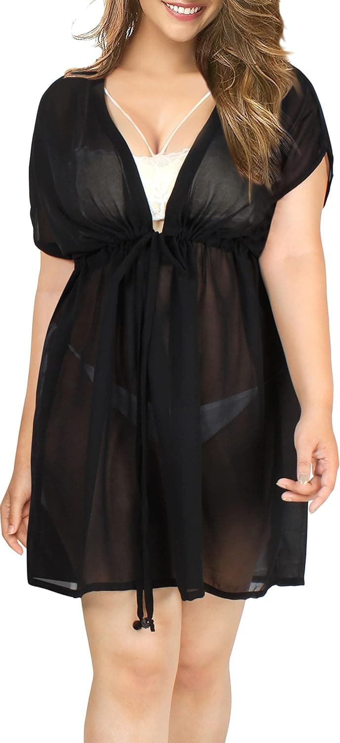 LA LEELA Women's Beach Bikini Sheer Chiffon Cover up V Neck Dress Bathing Suit Swimwear Coverups for Women