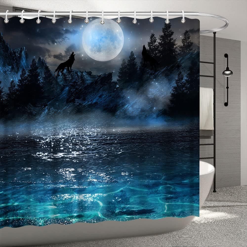 Full Moon Ocean Shower Curtain Wolf Howling Mist Mountain Forest Wolfish Animal Fantasy Starry Sky Sea Night Scene Landscape Unique Halloween Bath Decor Curtains with Hook 70X70