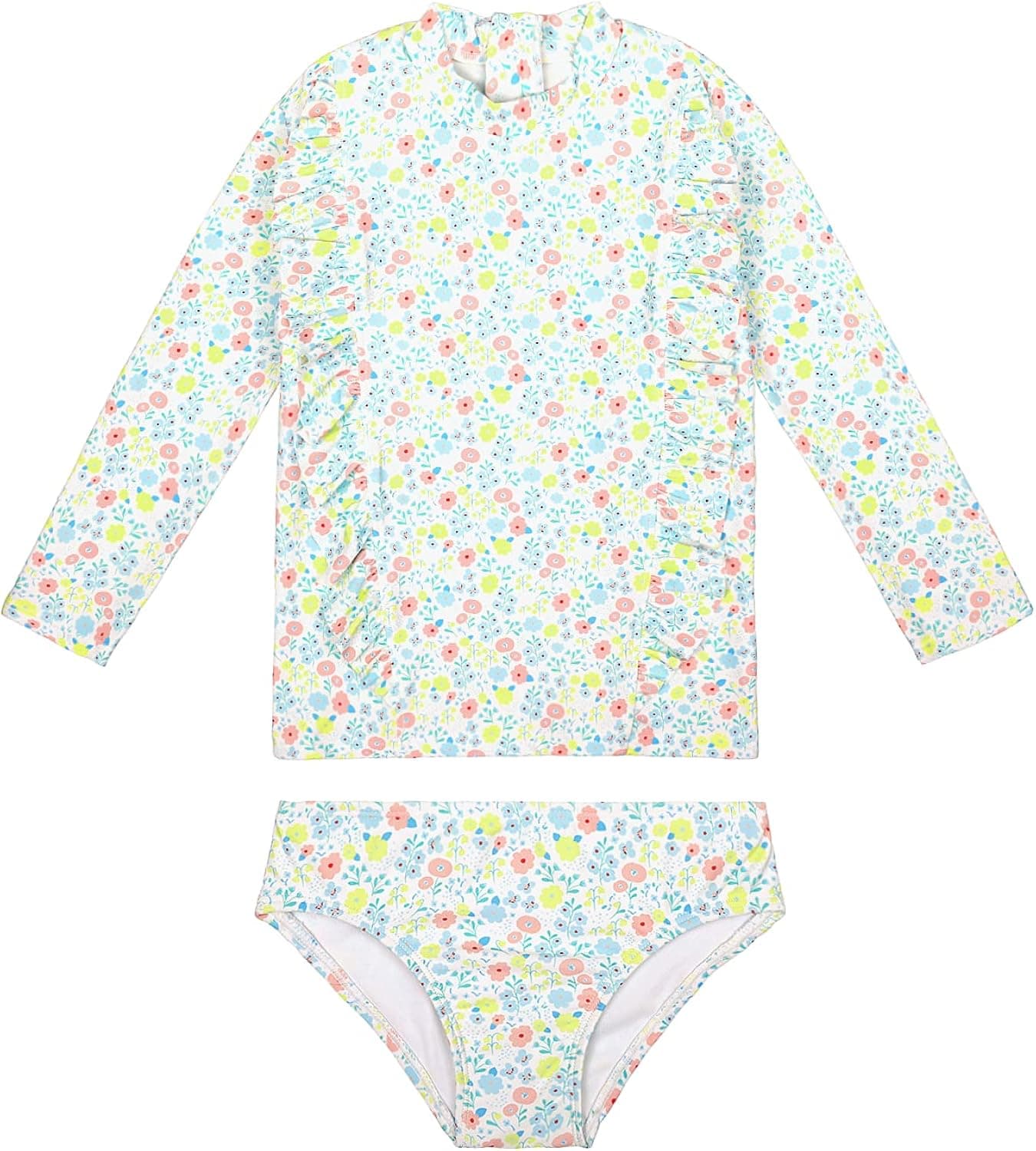 Cadocado Little Girls 2-Piece Long Sleeve Swimsuit Set Rash Guard Bathing Suit with UPF 30-40 Sun Protection(5-12Y)
